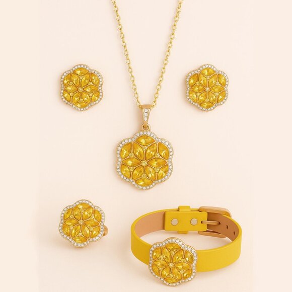 Gold tone Floral Crystal Jewelry Set – Bracelet, Earrings, Ring & Necklace NIB - Picture 1 of 5